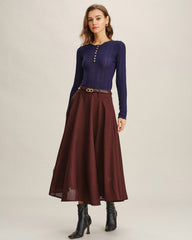 Wine Red A-Line Pocket Midi Skirt | Rihoas