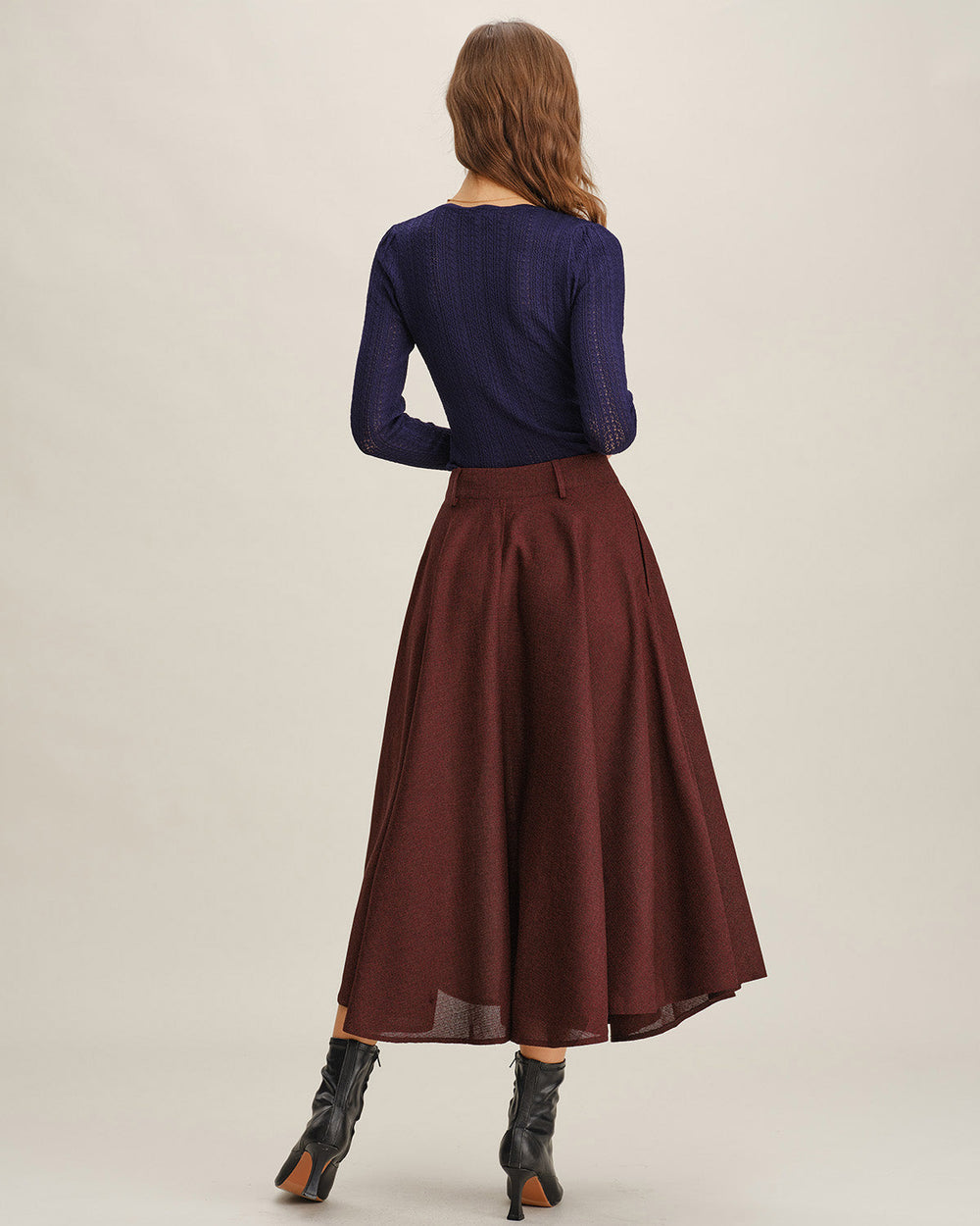 Wine Red A-Line Pocket Midi Skirt | Rihoas