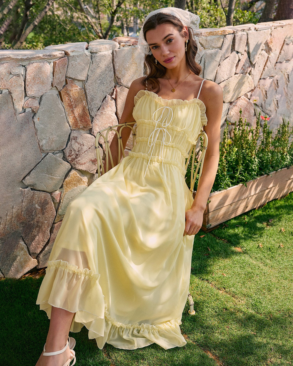 Yellow Sweetheart Neck Ruffle Midi Dress | Rihoas