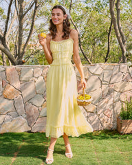 Yellow Sweetheart Neck Ruffle Midi Dress | Rihoas
