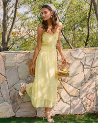 Yellow Sweetheart Neck Ruffle Midi Dress | Rihoas