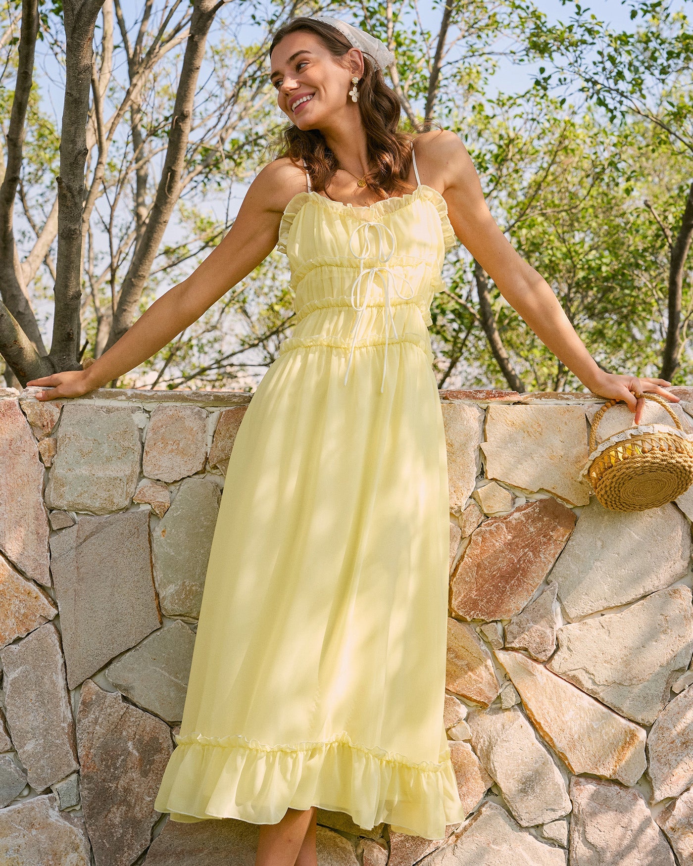 Yellow Sweetheart Neck Ruffle Midi Dress | Rihoas