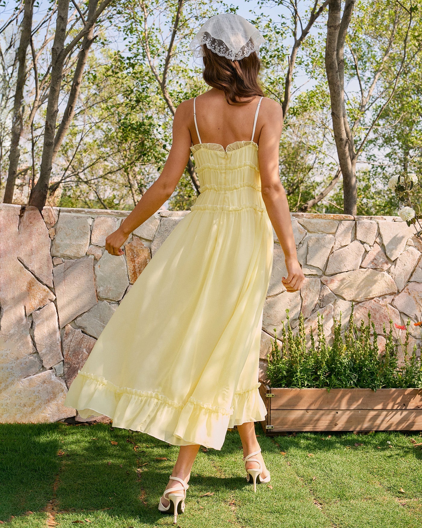 Yellow Sweetheart Neck Ruffle Midi Dress | Rihoas