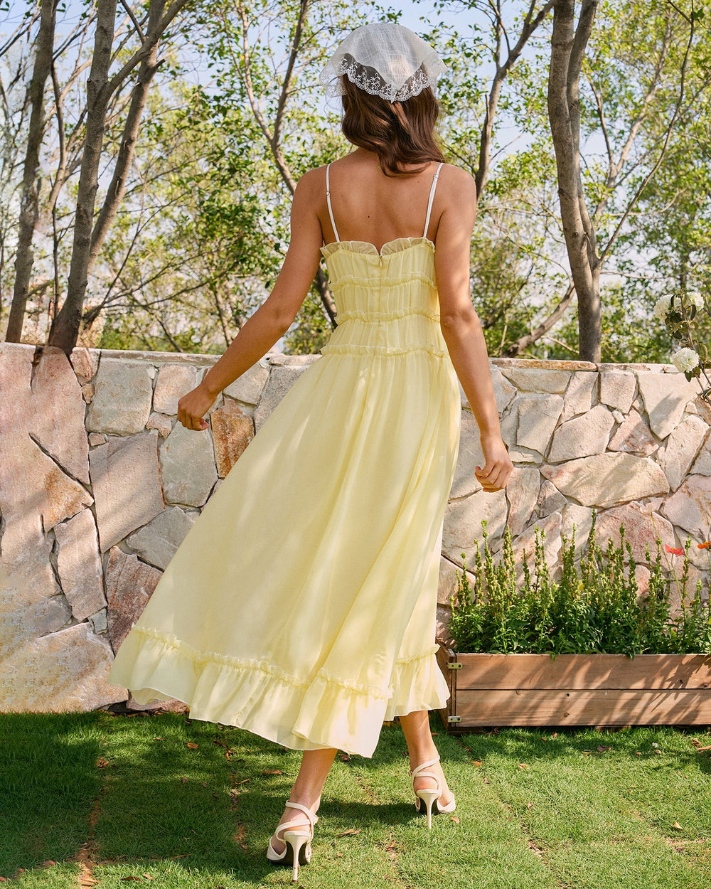 Yellow Sweetheart Neck Ruffle Midi Dress | Rihoas