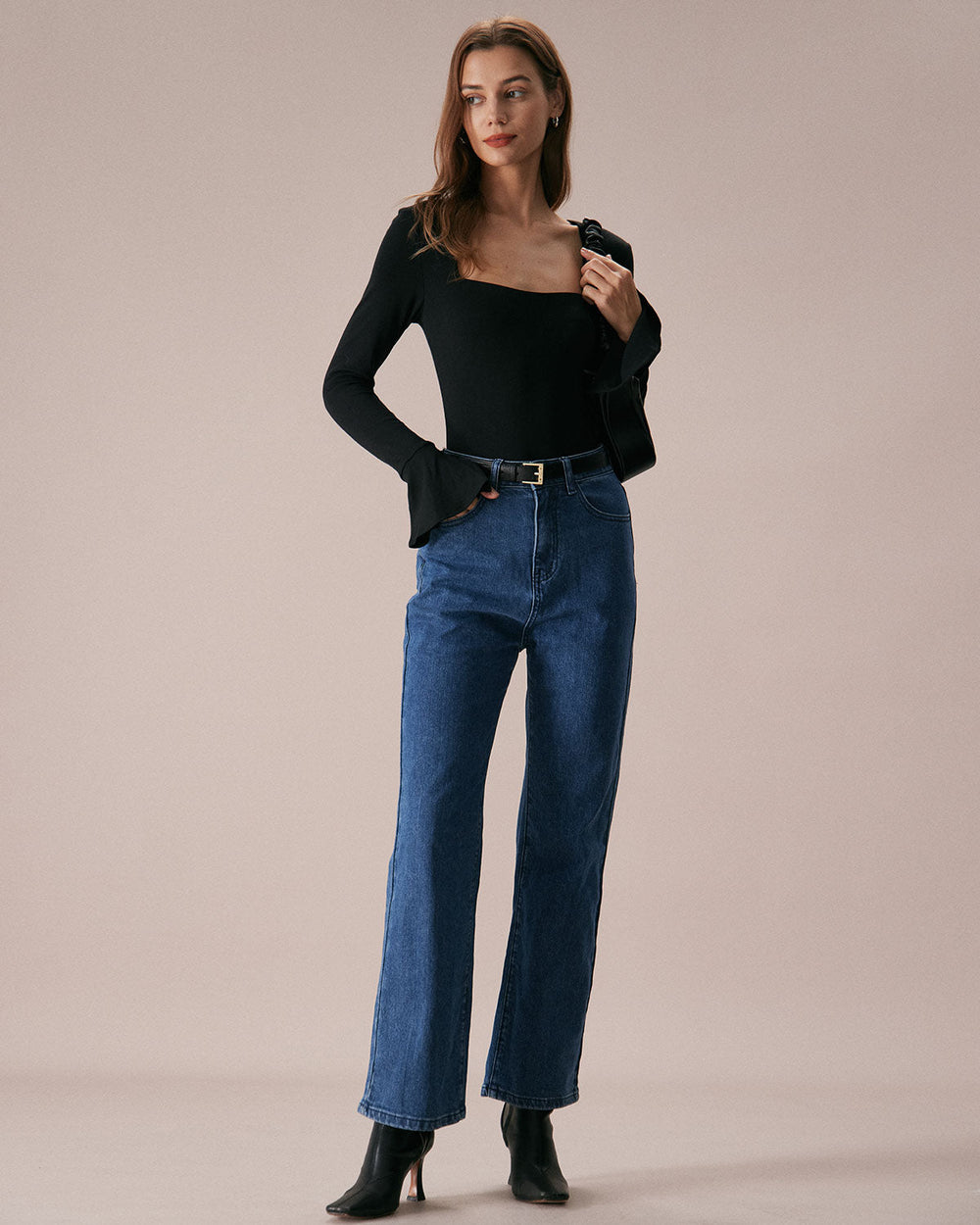The Black Square Neck Slit Flare Sleeve Tee | Rihoas