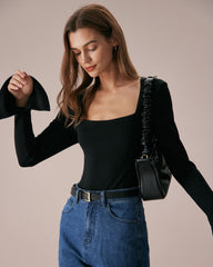 The Black Square Neck Slit Flare Sleeve Tee | Rihoas
