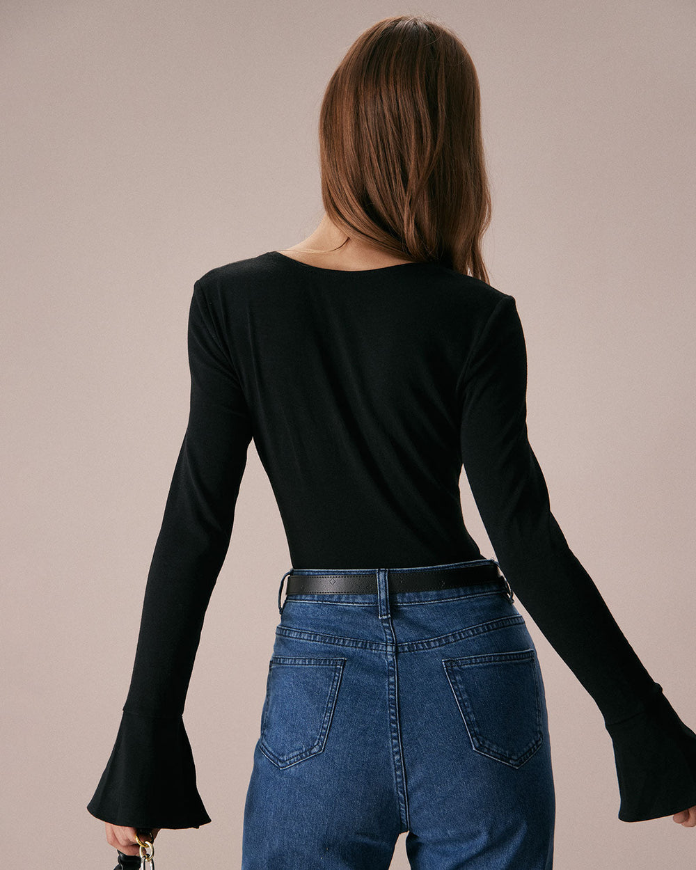The Black Square Neck Slit Flare Sleeve Tee | Rihoas