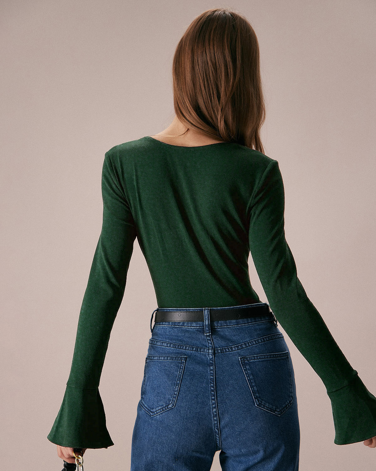 Green Ribbed Knit Bell Sleeve Tee | Rihoas