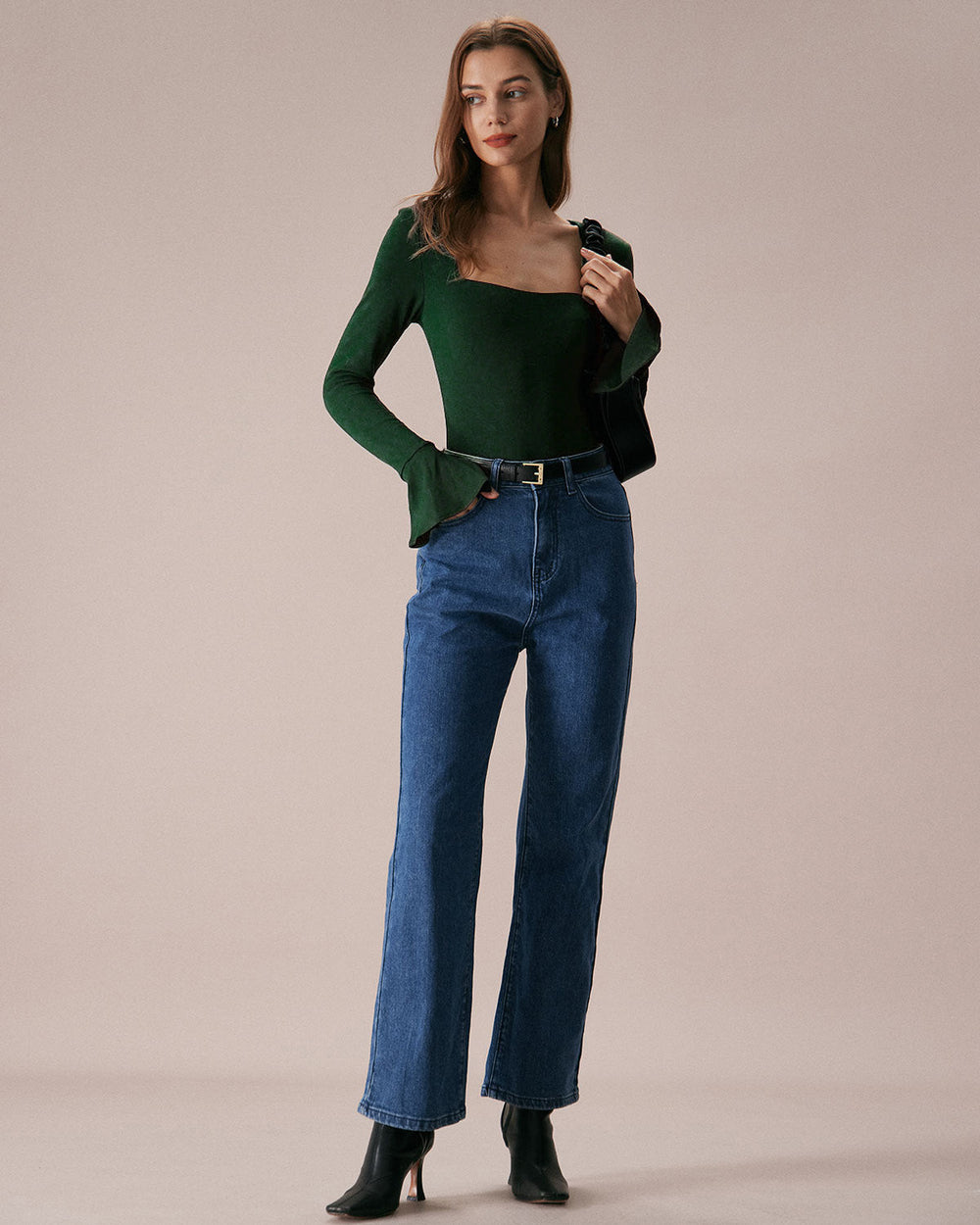 Green Ribbed Knit Bell Sleeve Tee | Rihoas