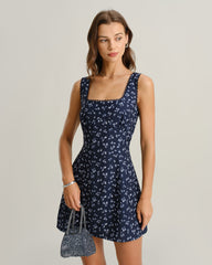 Navy Floral Square Neck Slip Mini Dress | Rihoas