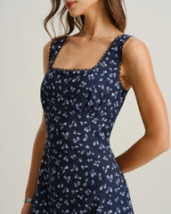 Navy Floral Square Neck Slip Mini Dress | Rihoas