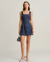 Navy Floral Square Neck Slip Mini Dress | Rihoas