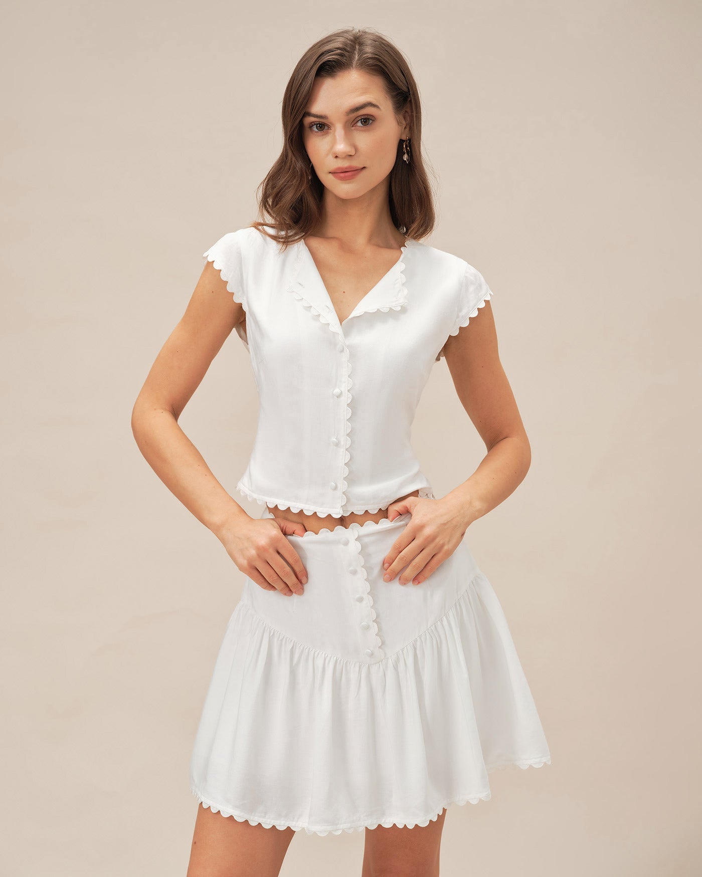 White Button Ruched Mini Skirt | Rihoas