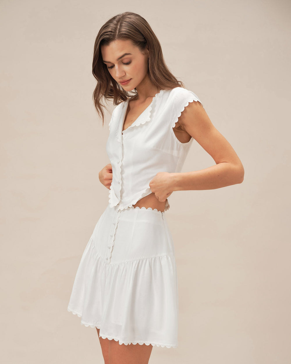 White Button Ruched Mini Skirt | Rihoas