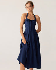 Navy Ruched Halter Midi Dress | Rihoas