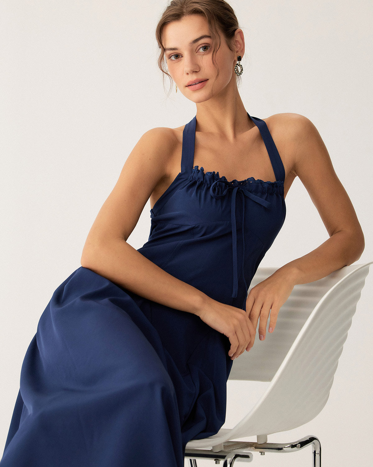 Navy Ruched Halter Midi Dress | Rihoas