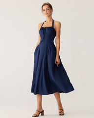 Navy Ruched Halter Midi Dress | Rihoas