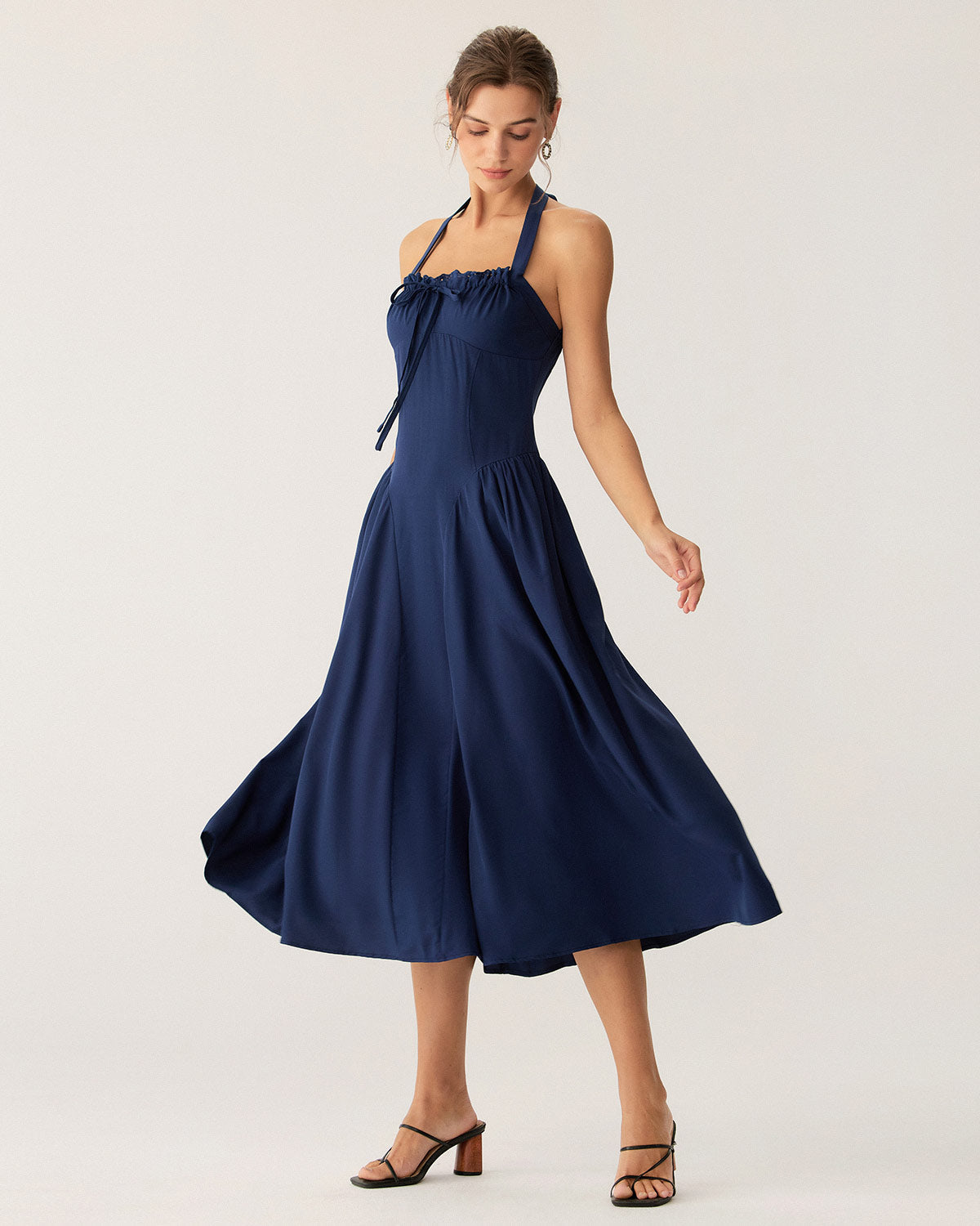 Navy Ruched Halter Midi Dress | Rihoas