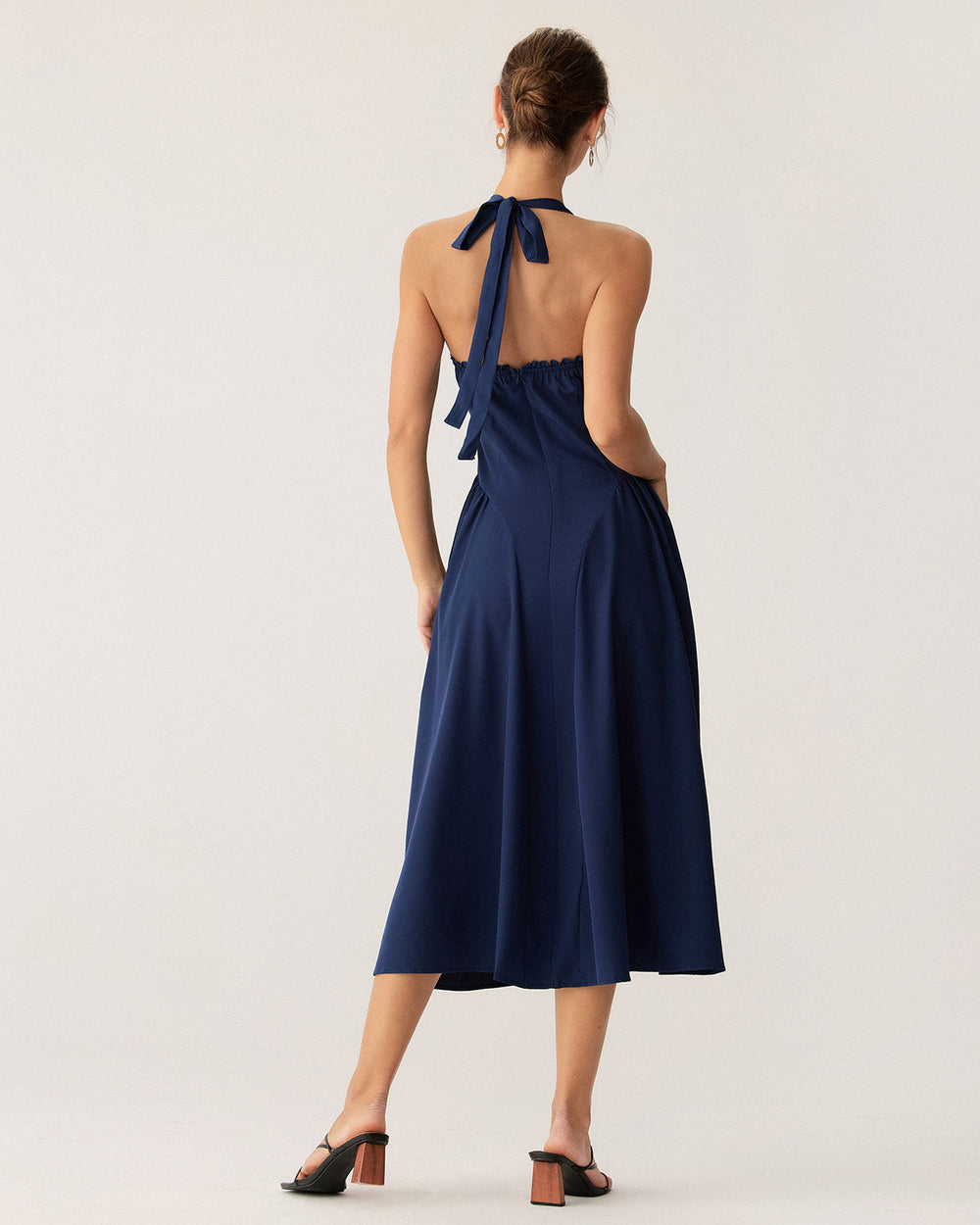 Navy Ruched Halter Midi Dress | Rihoas