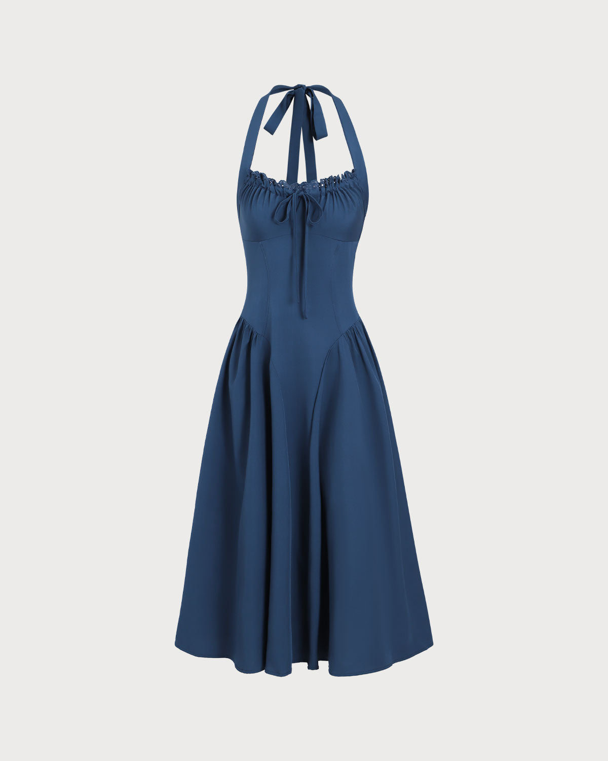 Navy Ruched Halter Midi Dress | Rihoas