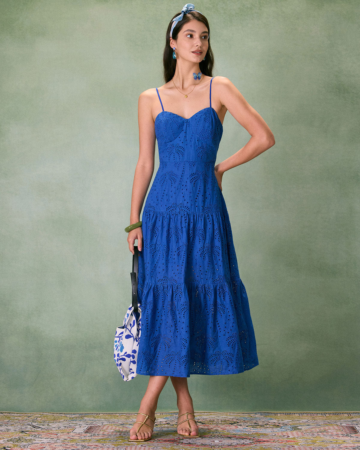 The Blue Sweetheart Neck Embroidery Slip Midi Dress | Rihoas