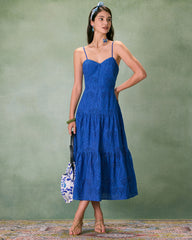 The Blue Sweetheart Neck Embroidery Slip Midi Dress | Rihoas