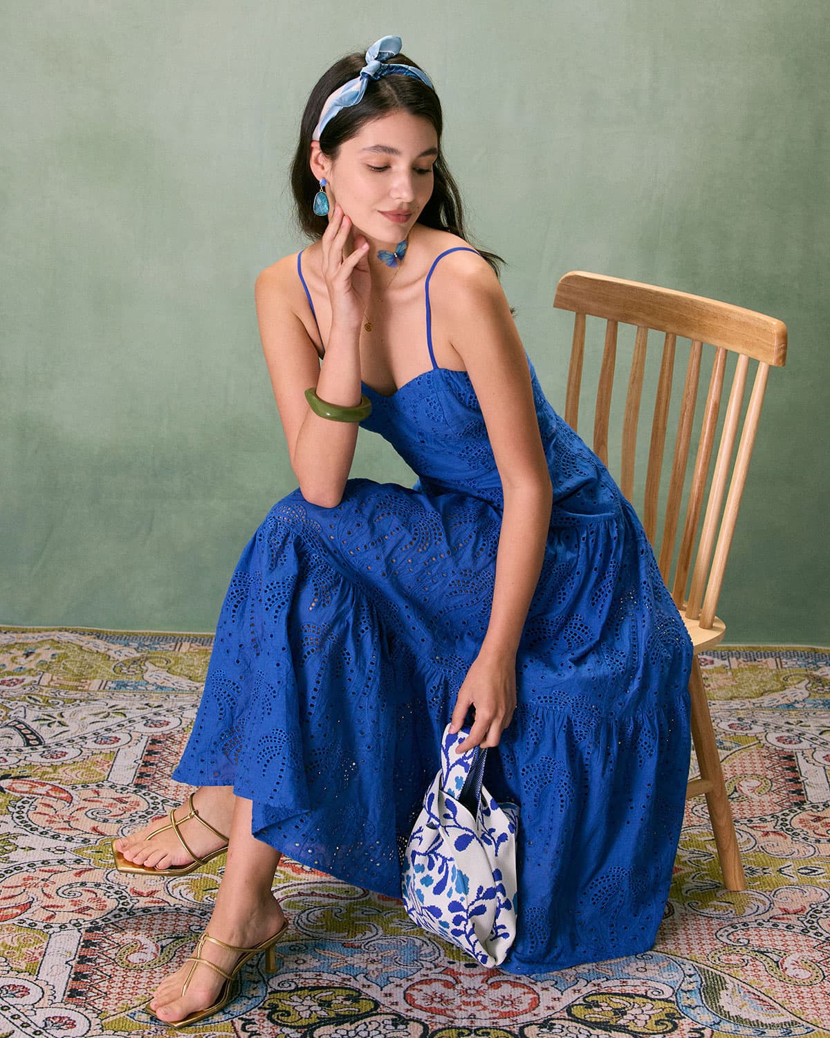 The Blue Sweetheart Neck Embroidery Slip Midi Dress | Rihoas