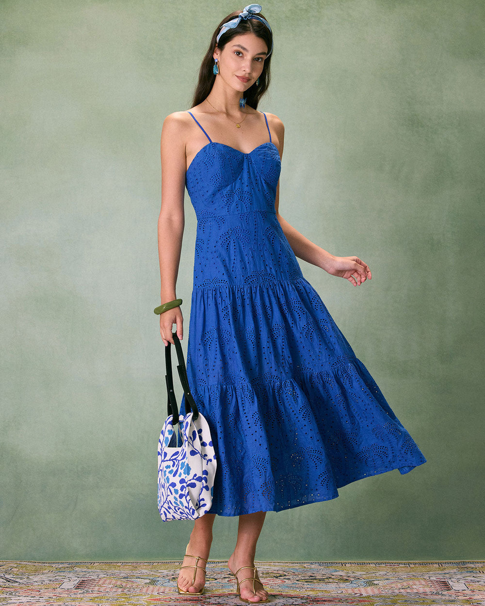 The Blue Sweetheart Neck Embroidery Slip Midi Dress | Rihoas