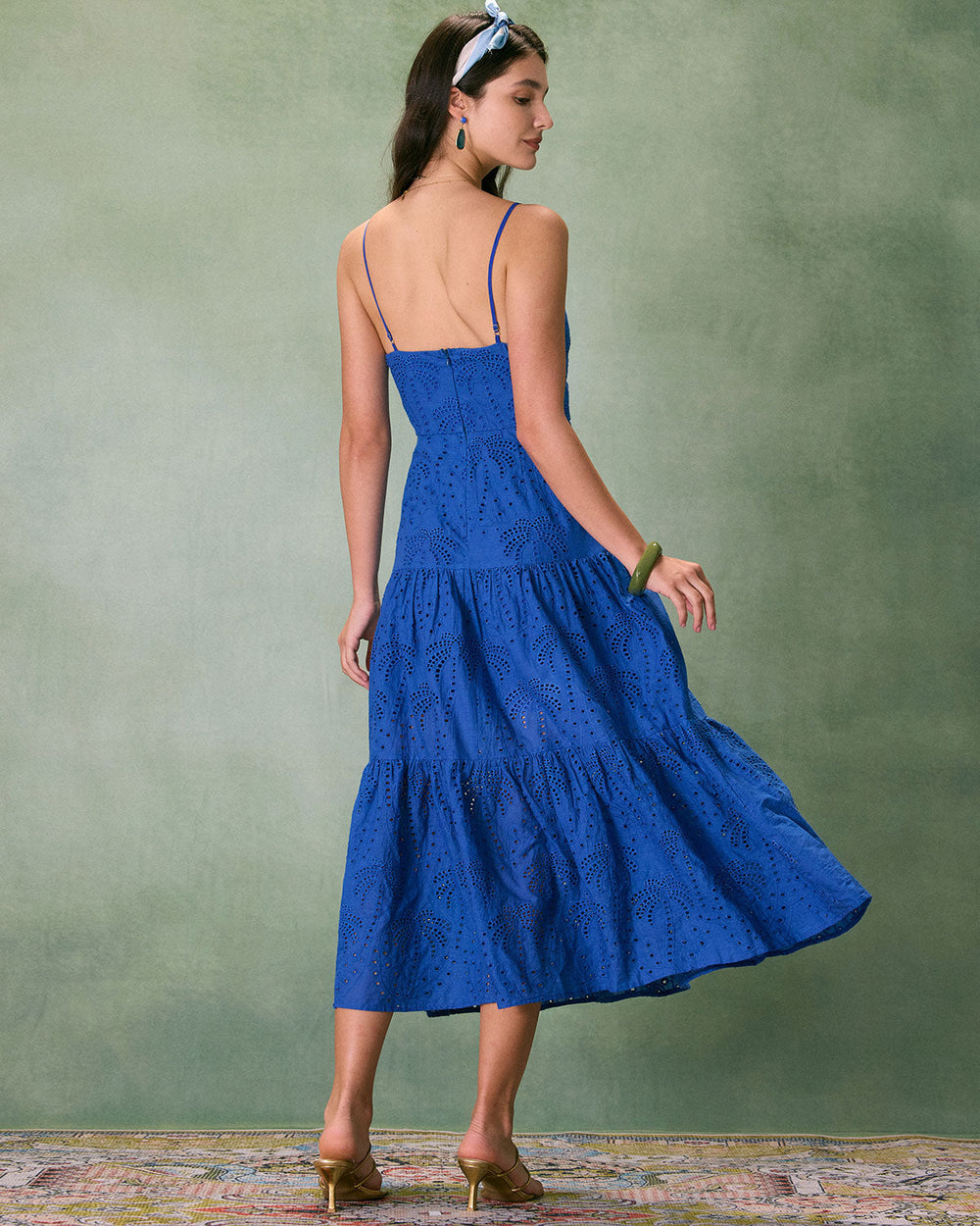 The Blue Sweetheart Neck Embroidery Slip Midi Dress | Rihoas
