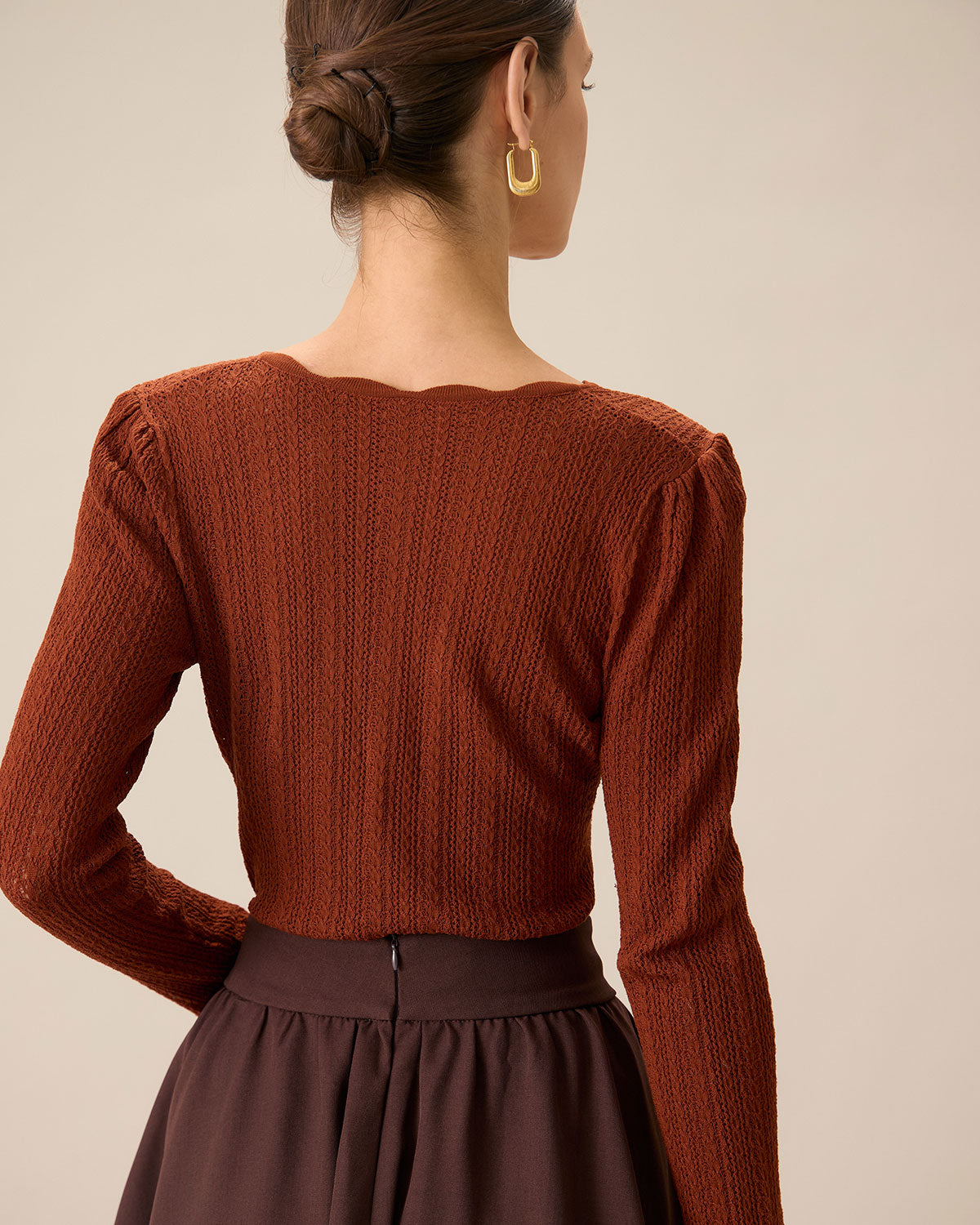 Women's Brown Round Neck Slim Sweater | Rihoas