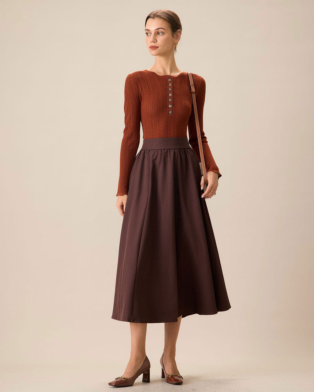 Women's Brown Round Neck Slim Sweater | Rihoas