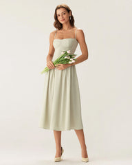 Green Square Neck Pocket Slip Midi Dress | Rihoas