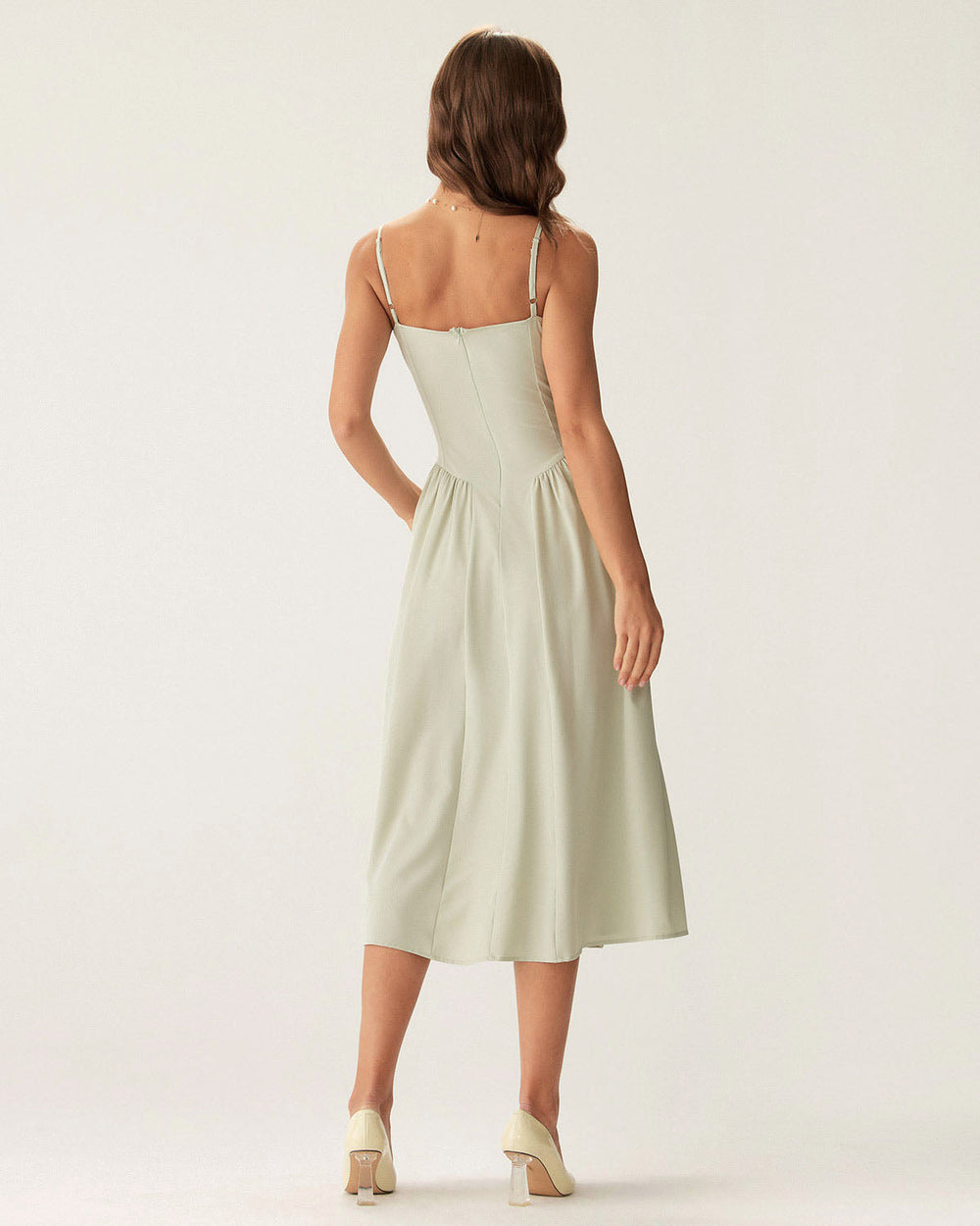 Green Square Neck Pocket Slip Midi Dress | Rihoas