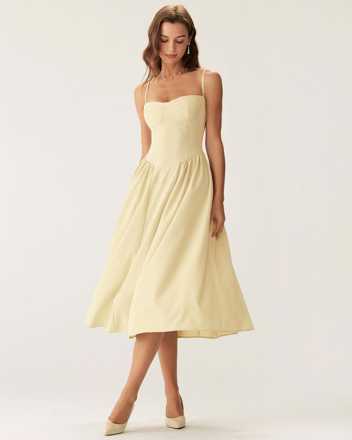 Yellow Square Neck Pocket Slip Midi Dress | Rihoas