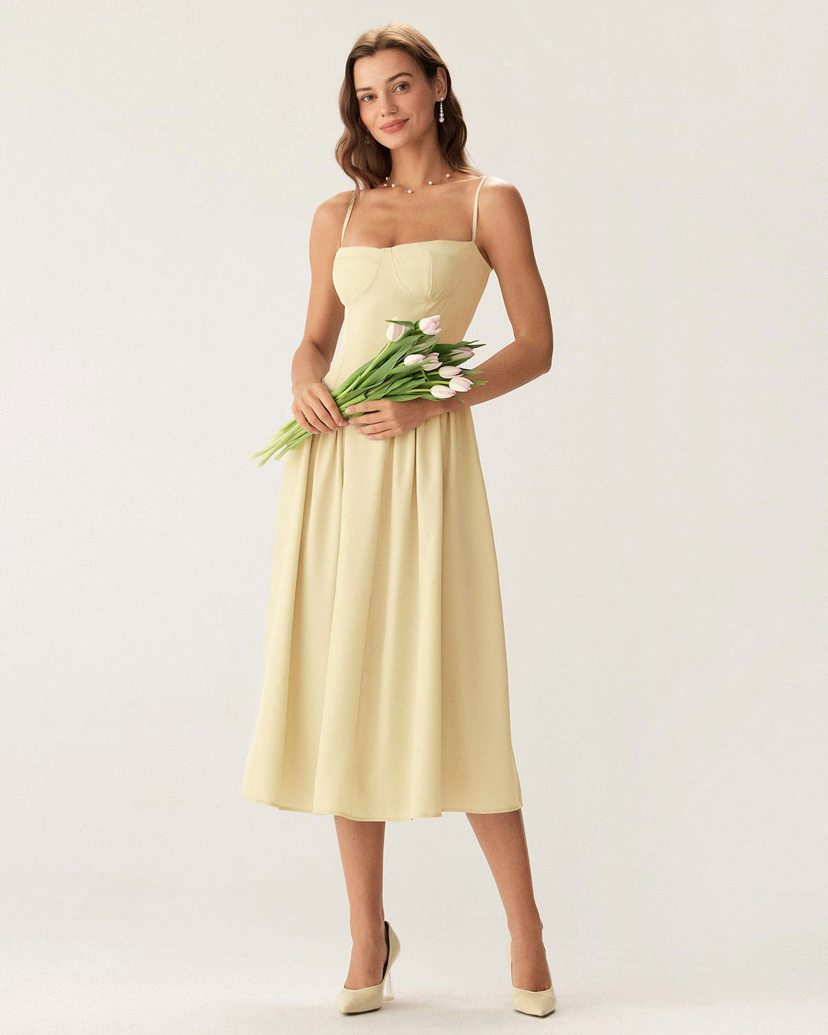 Yellow Square Neck Pocket Slip Midi Dress | Rihoas