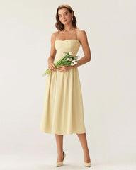 Yellow Square Neck Pocket Slip Midi Dress | Rihoas