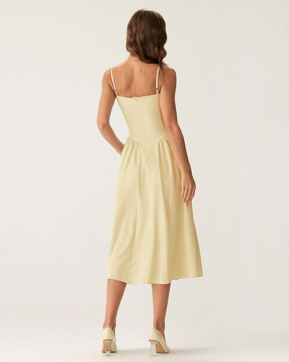 Yellow Square Neck Pocket Slip Midi Dress | Rihoas