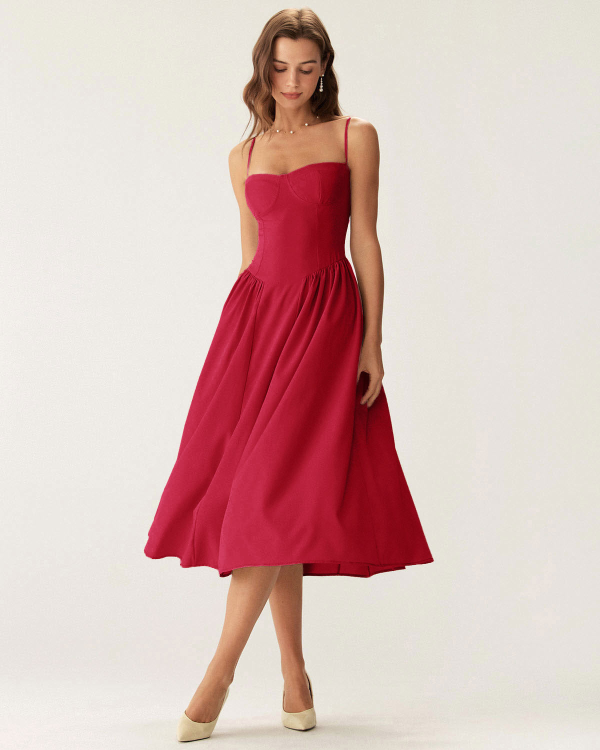 Red Square Neck Pocket Slip Midi Dress | Rihoas