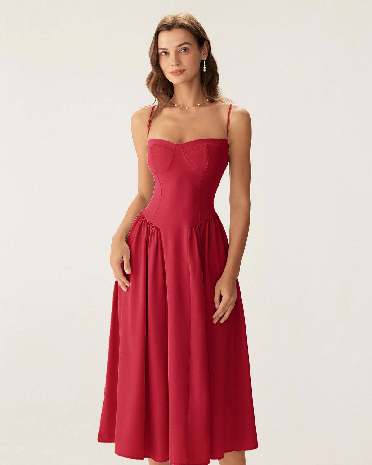 Red Square Neck Pocket Slip Midi Dress | Rihoas