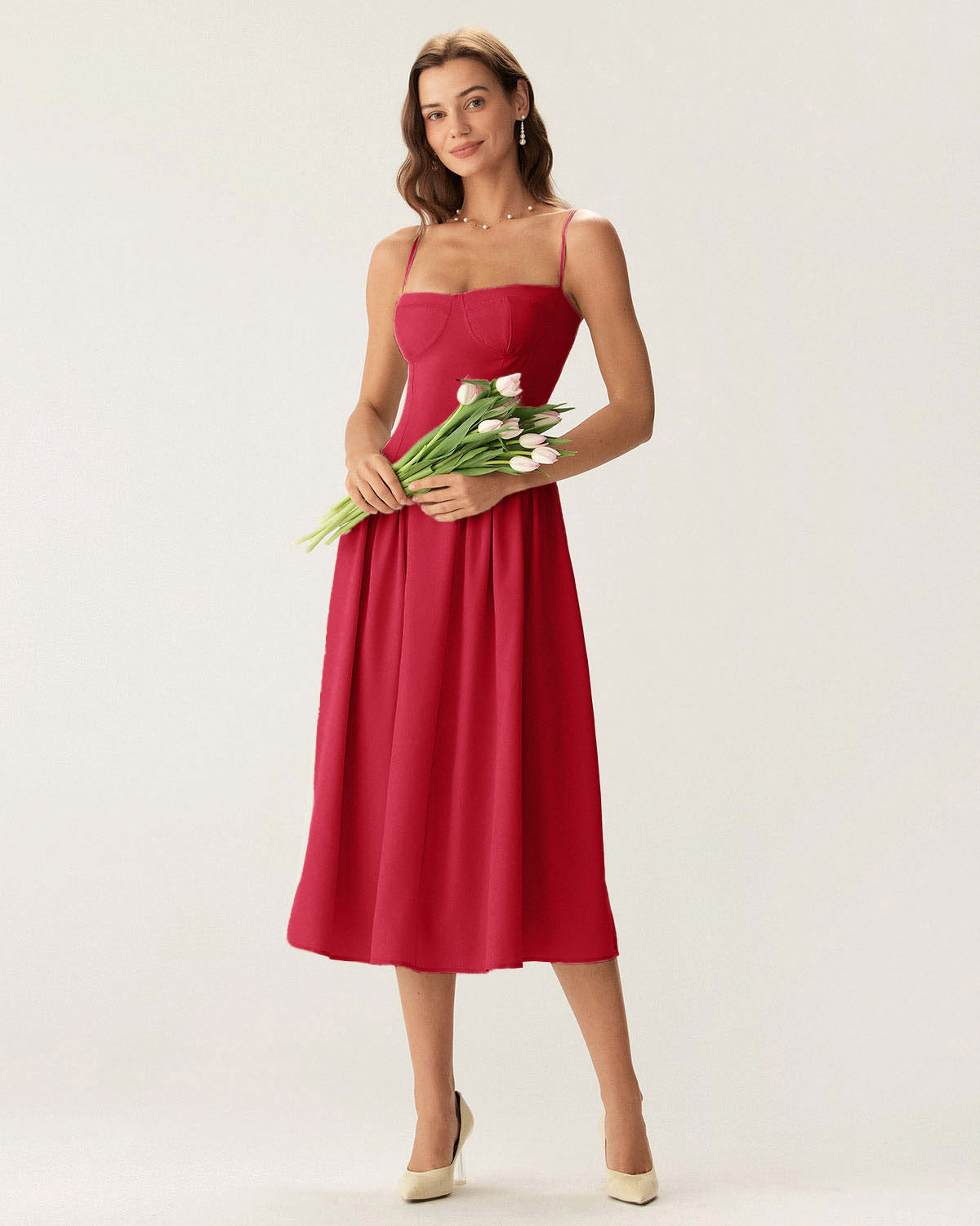 Red Square Neck Pocket Slip Midi Dress | Rihoas