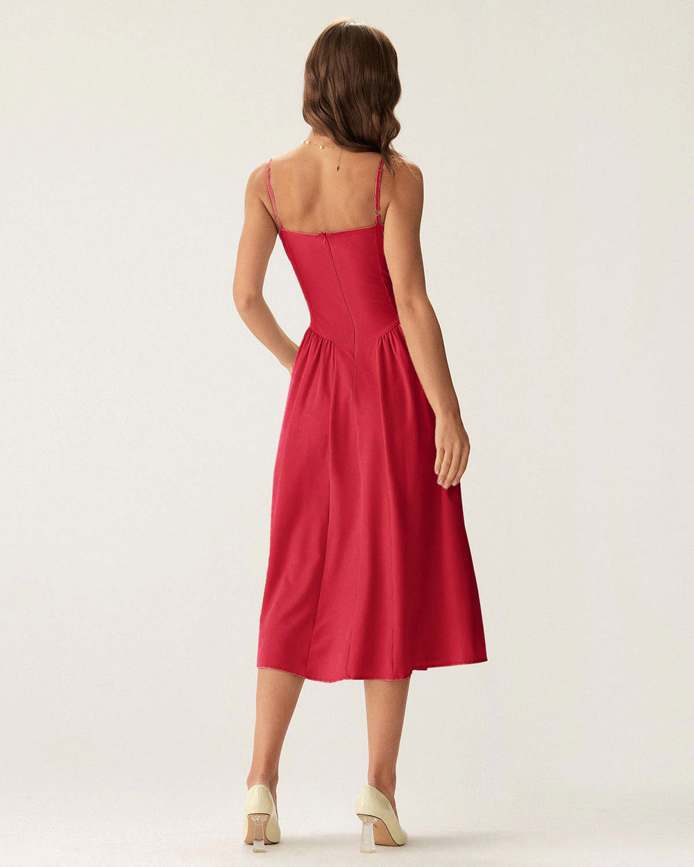 Red Square Neck Pocket Slip Midi Dress | Rihoas