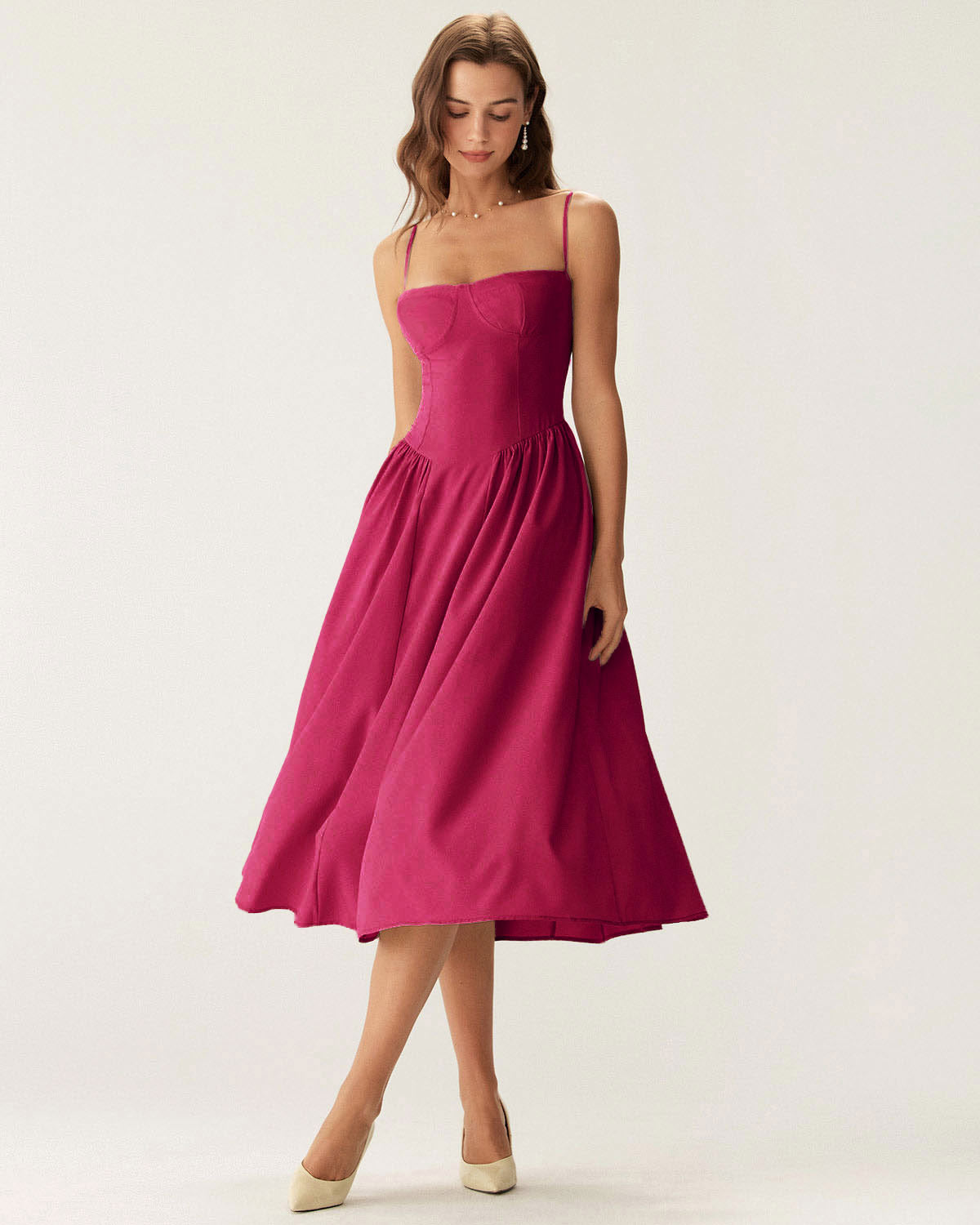 Wine Red Square Neck Pocket Slip Midi Dress | Rihoas