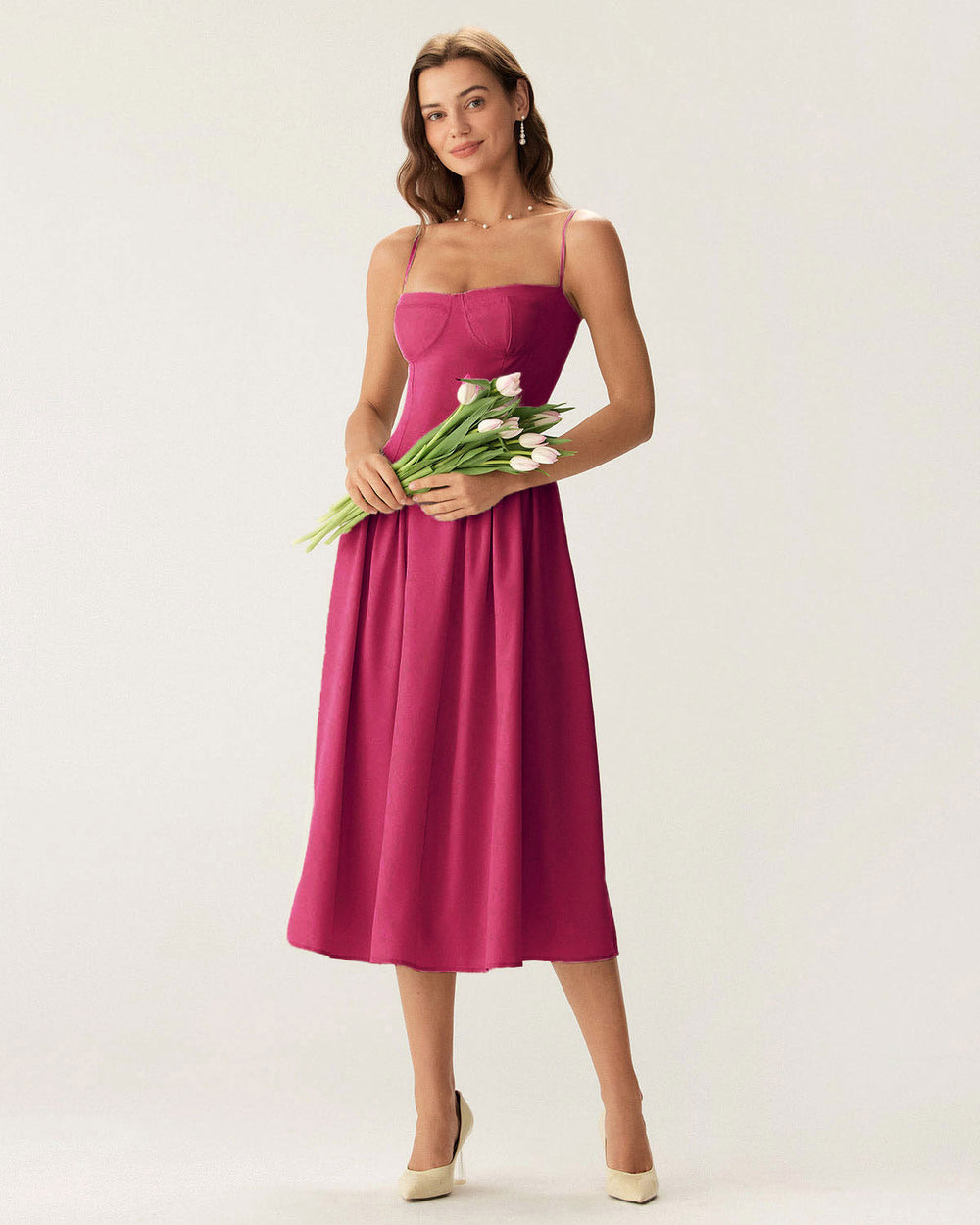 Wine Red Square Neck Pocket Slip Midi Dress | Rihoas