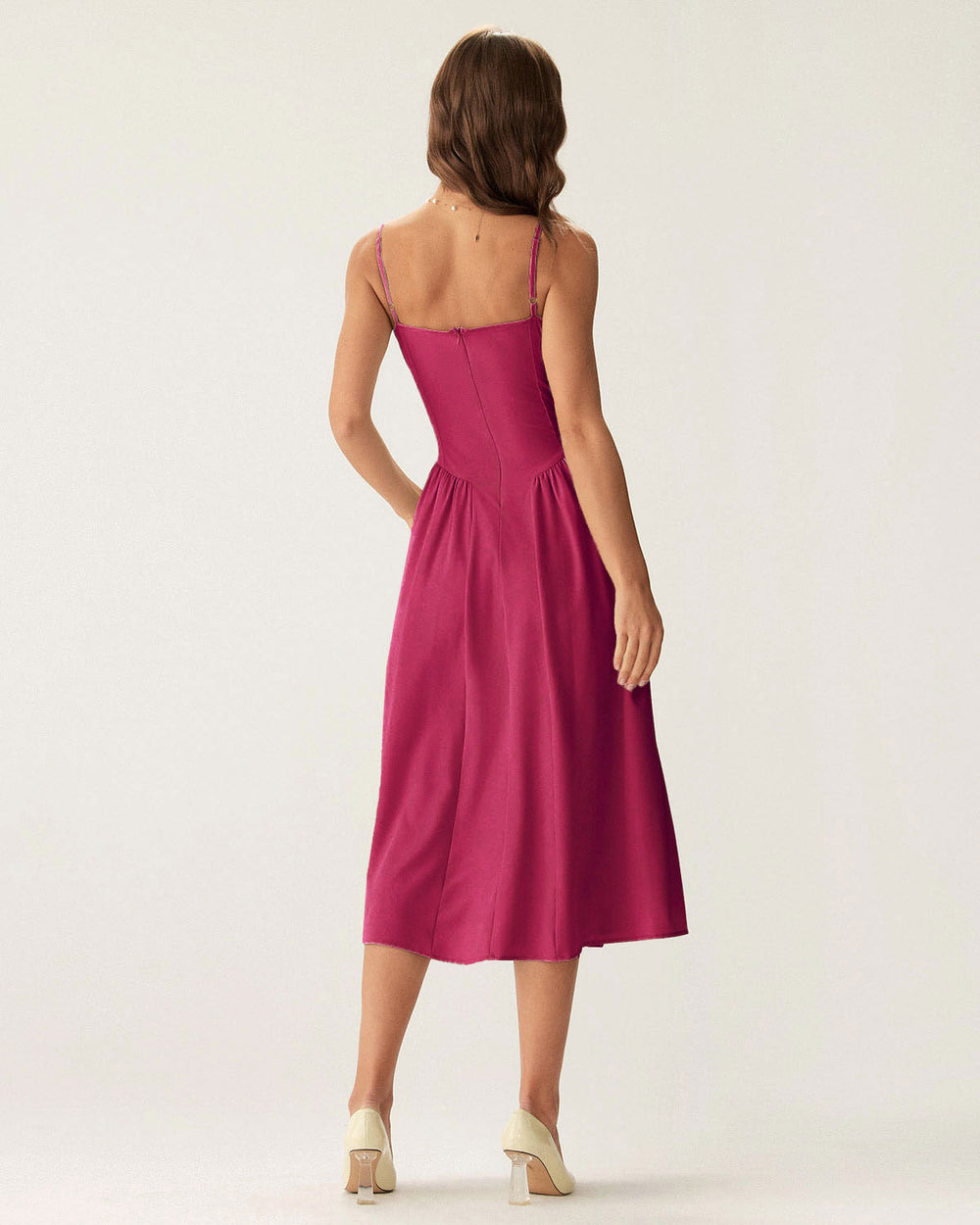 Wine Red Square Neck Pocket Slip Midi Dress | Rihoas