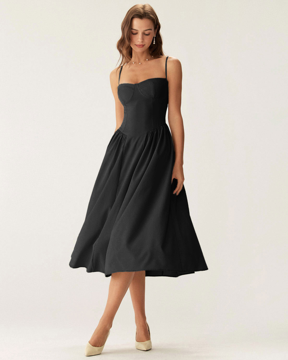 Black Square Neck Pocket Slip Midi Dress | Rihoas