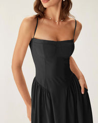 Black Square Neck Pocket Slip Midi Dress | Rihoas