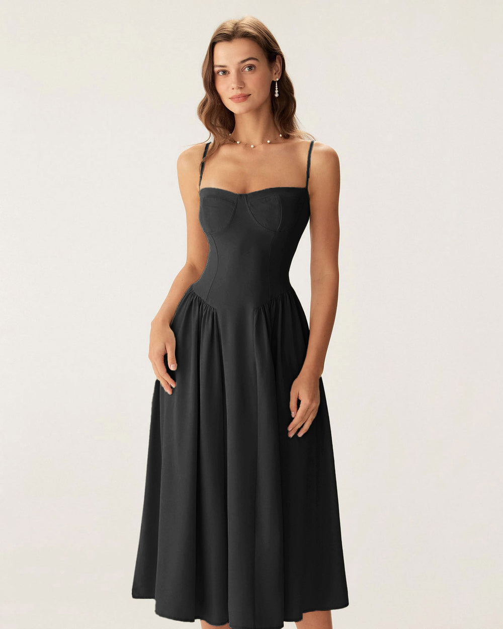 Black Square Neck Pocket Slip Midi Dress | Rihoas