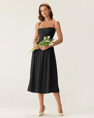 Black Square Neck Pocket Slip Midi Dress | Rihoas