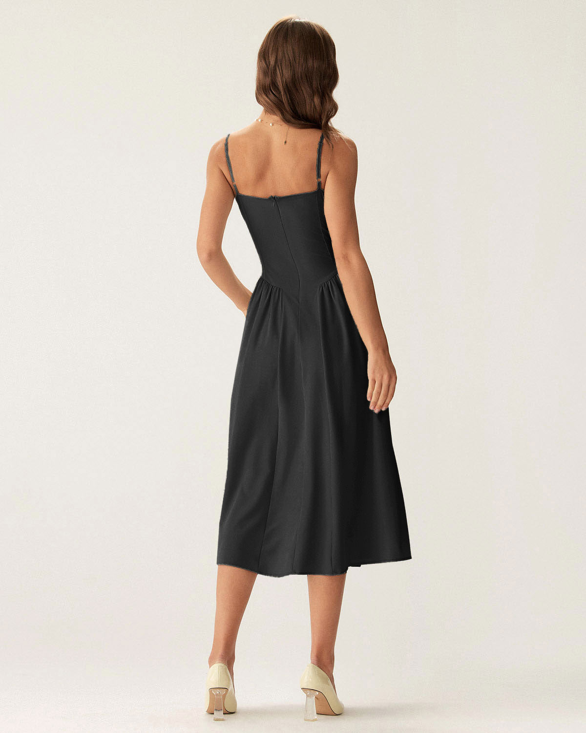 Black Square Neck Pocket Slip Midi Dress | Rihoas