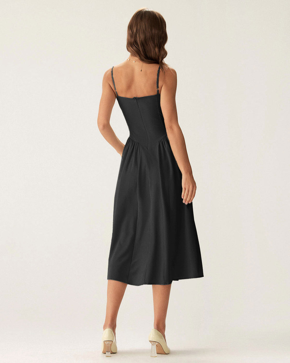Black Square Neck Pocket Slip Midi Dress | Rihoas